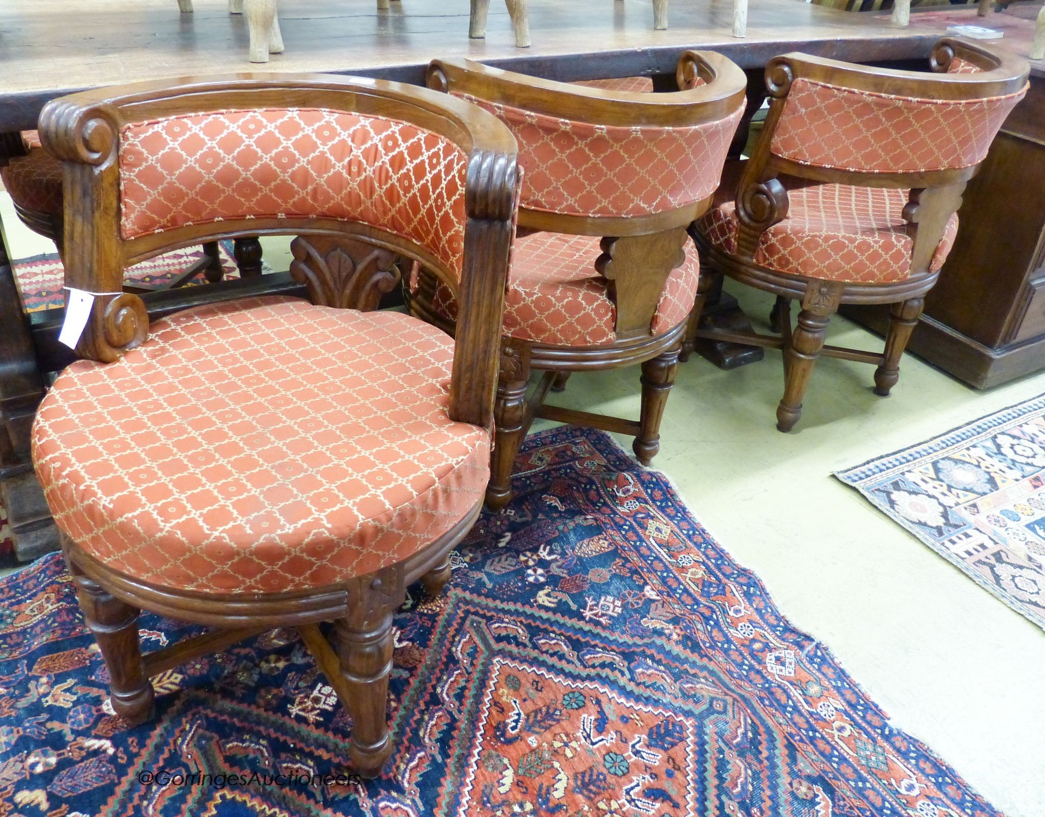 A set of six early 19th century oak ship's lounge chairs, width 56cm, depth 54cm, height 79cm